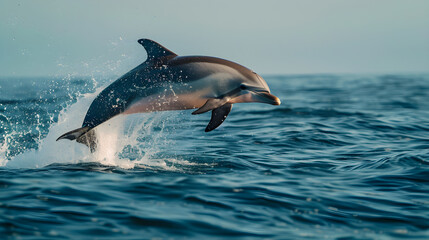 Playful Dolphin Leaping from Sparkling Waves Under Clear Sky: A Marvel of Marine Life and Nature's Beauty