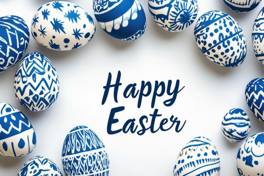 Stylish and beautifully designed Blue and White Easter Eggs are delicately arranged around an inviting and heartfelt Festive Greeting that embodies the spirit of the season and celebration