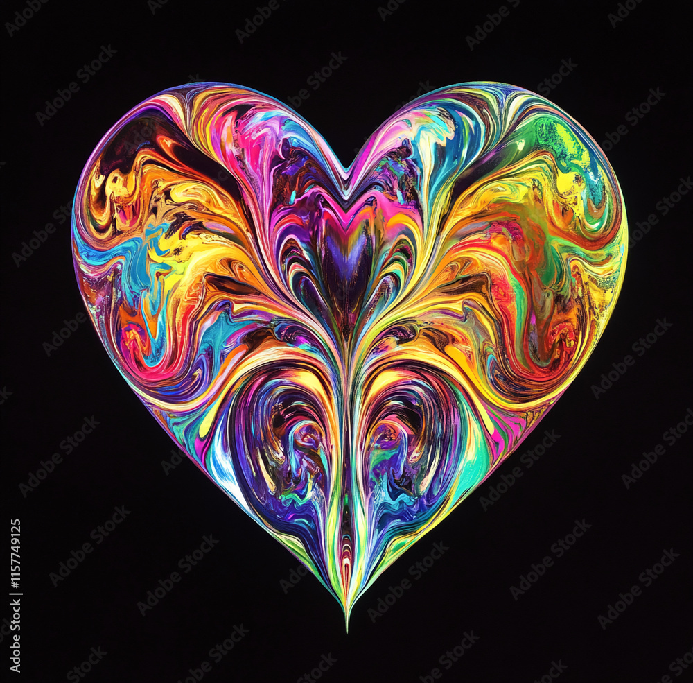 Poster colorful swirling fractal heart design with vibrant abstract patterns