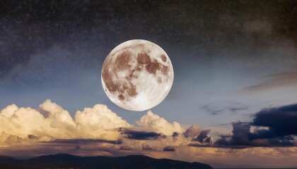 Fototapeta premium Captivating Full Moon Illuminating Clouds and Stars in the Night Sky A Breathtaking View of the Moonlight Casting Shadows on Wispy Clouds and a Starry Background