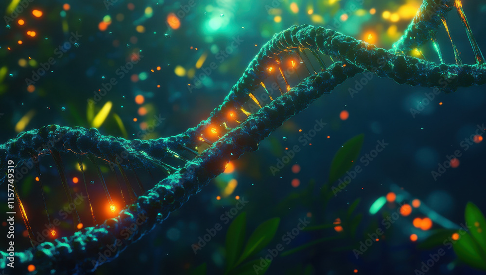 Wall mural a detailed view showcases a double helix structure of dna illuminated by colorful lights against a d