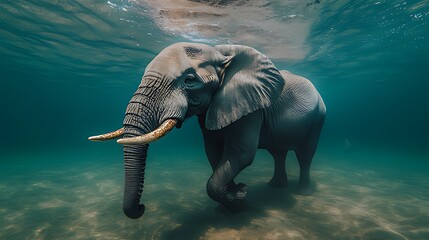 Underwater elephant swimming in clear water.