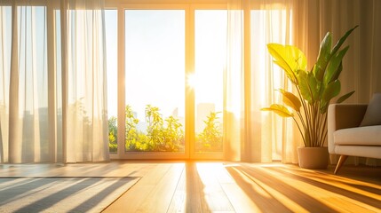 Bright Sunlight Streaming Through Sheer Curtains: Warm Interior Photo. AI Generated