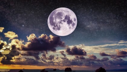 Fototapeta premium A Captivating Full Moon Illuminates Wispy Clouds and Distant Stars in a Serene Night Sky, Creating a Magical Atmosphere of Tranquility and Wonder for Stargazers and Dreamers Alike