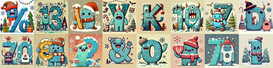 Fototapeta premium Cartoon Winter Monsters Lettering Typeface. AI generated illustration