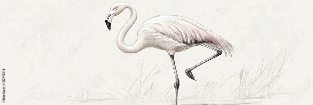 Poster elegant flamingo standing gracefully on one leg in a serene natural environment with ample space for