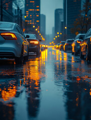 Cars on a rainy city street at night with reflections.