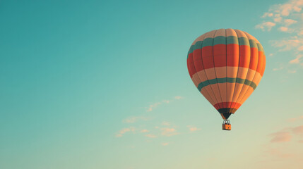 Fototapeta premium Colorful hot air balloon floats in a clear blue sky.