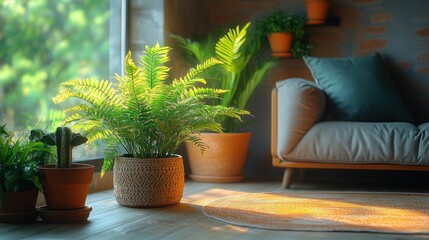Obraz premium Sunlit living room with potted plants and sofa.