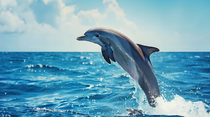 Obraz premium Playful Dolphin Leaping from Sparkling Waves Under Clear Sky: A Marvel of Marine Life and Nature's Beauty
