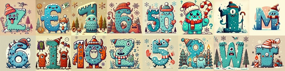 Cartoon Winter Monsters Lettering Typeface. AI generated illustration
