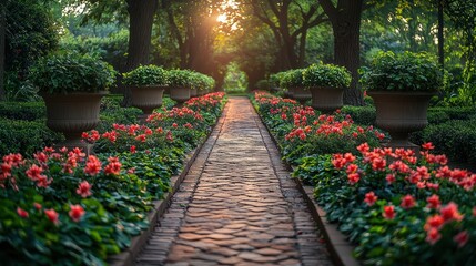 A garden pathway lined with bushes, flowers, and small ornamental trees, creating a tranquil and inviting atmosphere.