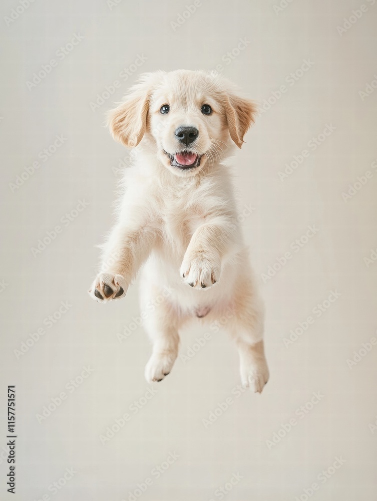 Poster Joyful puppy jumps playfully in mid air with blank backdrop for creative text insertion. Generative AI