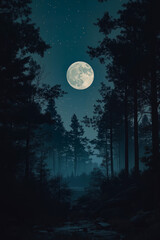 Fototapeta premium A full moon in the night sky over a forest with trees