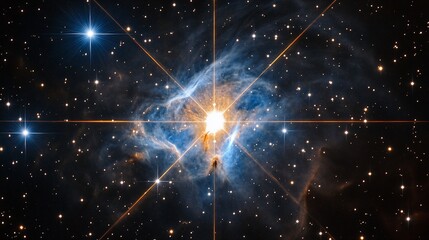 A stunning cosmic scene showcasing a bright star surrounded by nebulae and stars.
