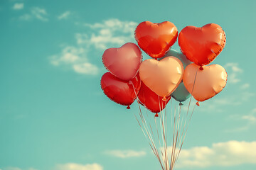 Vibrant red and pink heart-shaped balloons floating against a clear blue sky, symbolizing love and joy on Valentine's Day