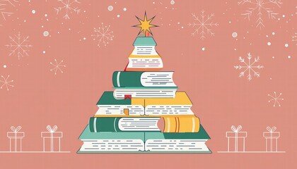 A Festive Christmas Tree Crafted from a Vibrant Pile of Colorful Books Against a Red Background, Perfect for Book Lovers and Holiday Decor Enthusiasts