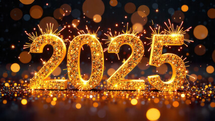 Glittering golden 2025 numbers with festive sparklers and bokeh lights