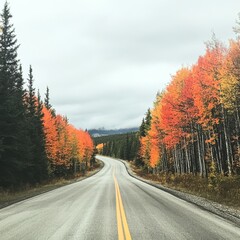 Fototapeta premium Morning on the road to Jasper, Alberta, Canada during fall season with trees changing colors 