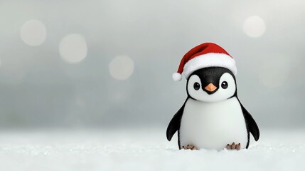 Cute penguin wearing Santa hat in snow.