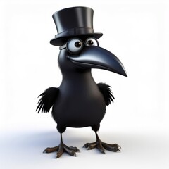 Obraz premium 3d rendering of a funny cartoon crow wearing monocle and top hat, isolated on white background