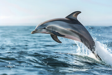 Fototapeta premium Playful Dolphin Leaping from Sparkling Waves Under Clear Sky: A Marvel of Marine Life and Nature's Beauty