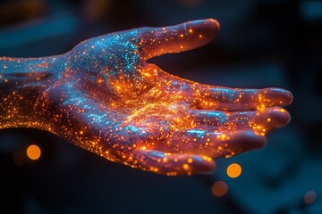 Enchanted hand releasing glowing particles in a mystical setting during nighttime