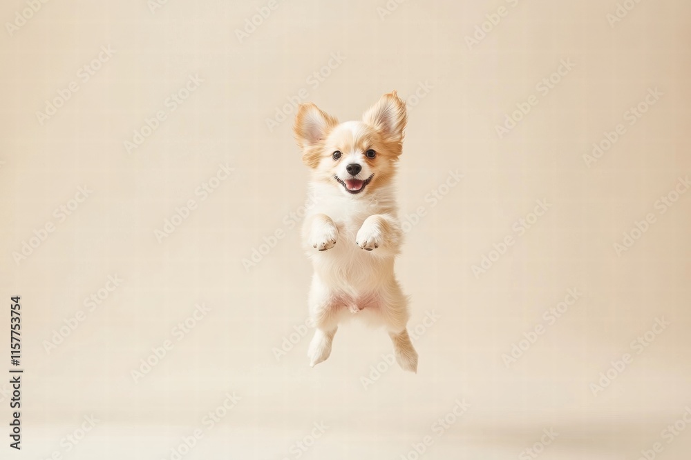 Aufkleber joyful puppy leaps in mid air showcasing excitement and energy in a spacious setting for creative us