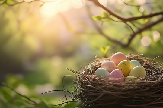 Ostereier im nat&uuml;rlichen Nest im Morgenlicht