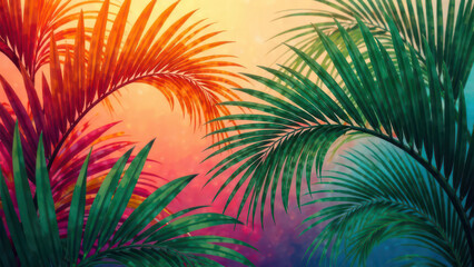 Vibrant tropical leaves with colorful background