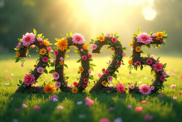 The word 2025 formed by intertwined vines and blooming flowers in shades of pink, yellow, and green, with soft sunlight filtering through the petals, placed against a natural meadow background