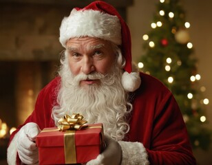 Santa Claus looks at the viewer and hands him a gift. New Year, New Year's atmosphere