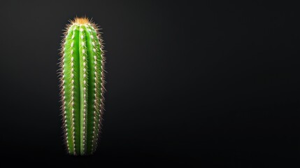 Naklejka premium A tall green cactus with spines against a dark background.