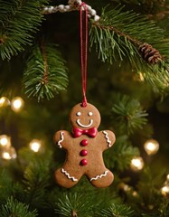 Christmas gingerbread man cookie on a fir branch
