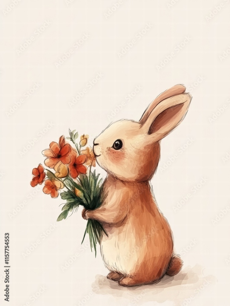 Poster Cuddly rabbit joyfully holding a colorful bouquet of flowers in a charming display with empty space for text. Generative AI