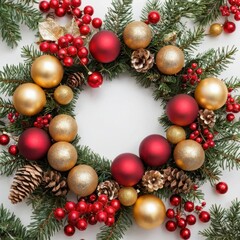 Christmas garland with red and gold balls, berries and pine cones.