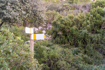 Wooden post with arrow-shaped signposts, hiking and outdoors concept