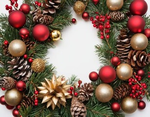 Christmas garland with red and gold balls, berries and pine cones.
