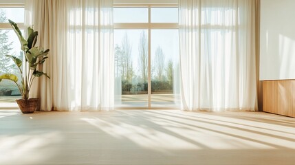 Wide Shot Photo: Sunlit Room Mockup with Sheer Curtains and Natural Light. AI Generated