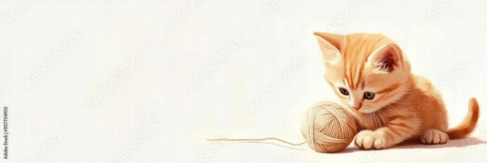 Poster cute kitten enjoys playtime with a ball of yarn on a soft background and ample space for text or des