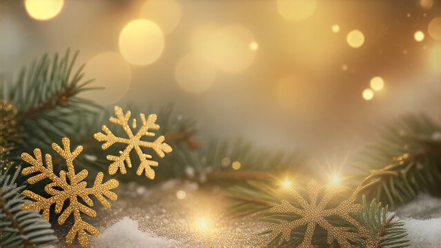 Winter holiday background featuring gold glitter snowflakes and glowing bokeh lights, seasonal web design, print materials, high-quality photograph, soft focus, warm tones, festive atmosphere 