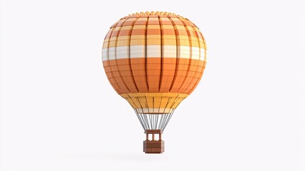 A vibrant orange and white hot air balloon floating gently against a bright white background.