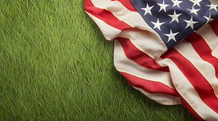 Fototapeta premium Patriotic American Flag Photo: Gently Draped on Lush Green Grass. AI Generated