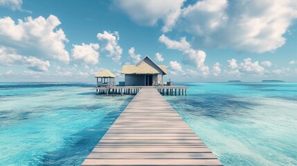 Fototapeta premium A serene seaside view of a wooden pier leading to a tropical hut, surrounded by clear turquoise waters and fluffy clouds.