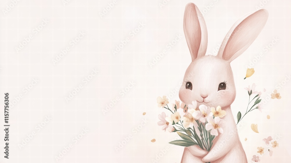 Poster Cuddly rabbit holding a bouquet of flowers with ample copy space for text and creative designs. Generative AI