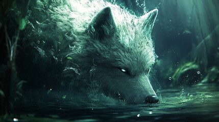 Obraz premium A majestic white wolf emerges from the water, surrounded by ethereal mist and vibrant greenery.