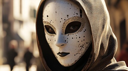 A mysterious figure wearing an ornate white mask and dark hood, exuding an air of intrigue amidst a blurred urban background.