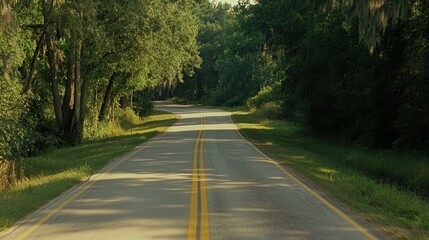 Fototapeta premium Serene Country Road Surrounded by Lush Green Trees in Natural Landscape