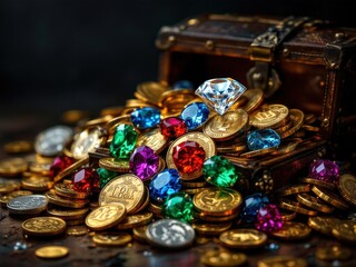 Treasures of the deep sparkle vividly in a vintage chest filled with colorful gems and gleaming gold coins amidst soft shadows