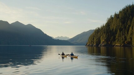 Serene Kayaking Adventure in Tranquil Mountain Lake at Sunrise